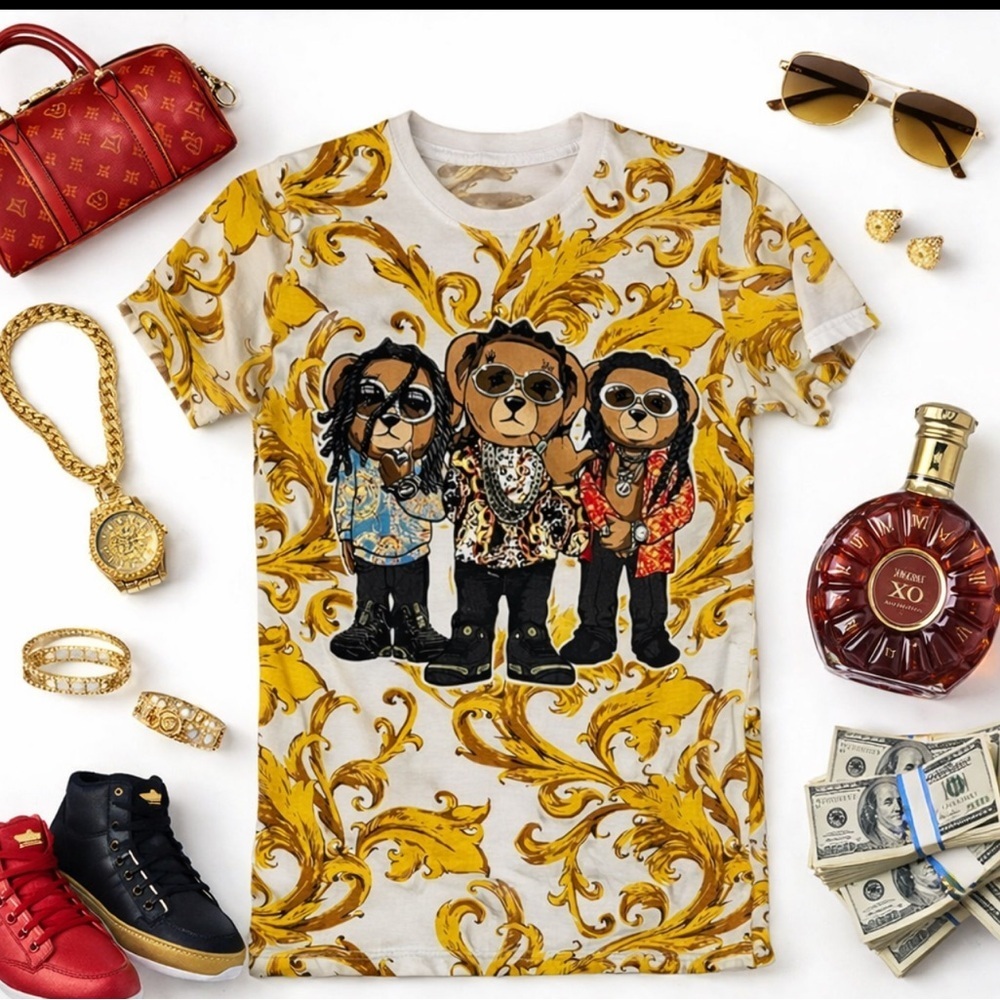 Vibes Men's 3 Bears Yellow Graphic T-Shirt Adult Size Small White Background